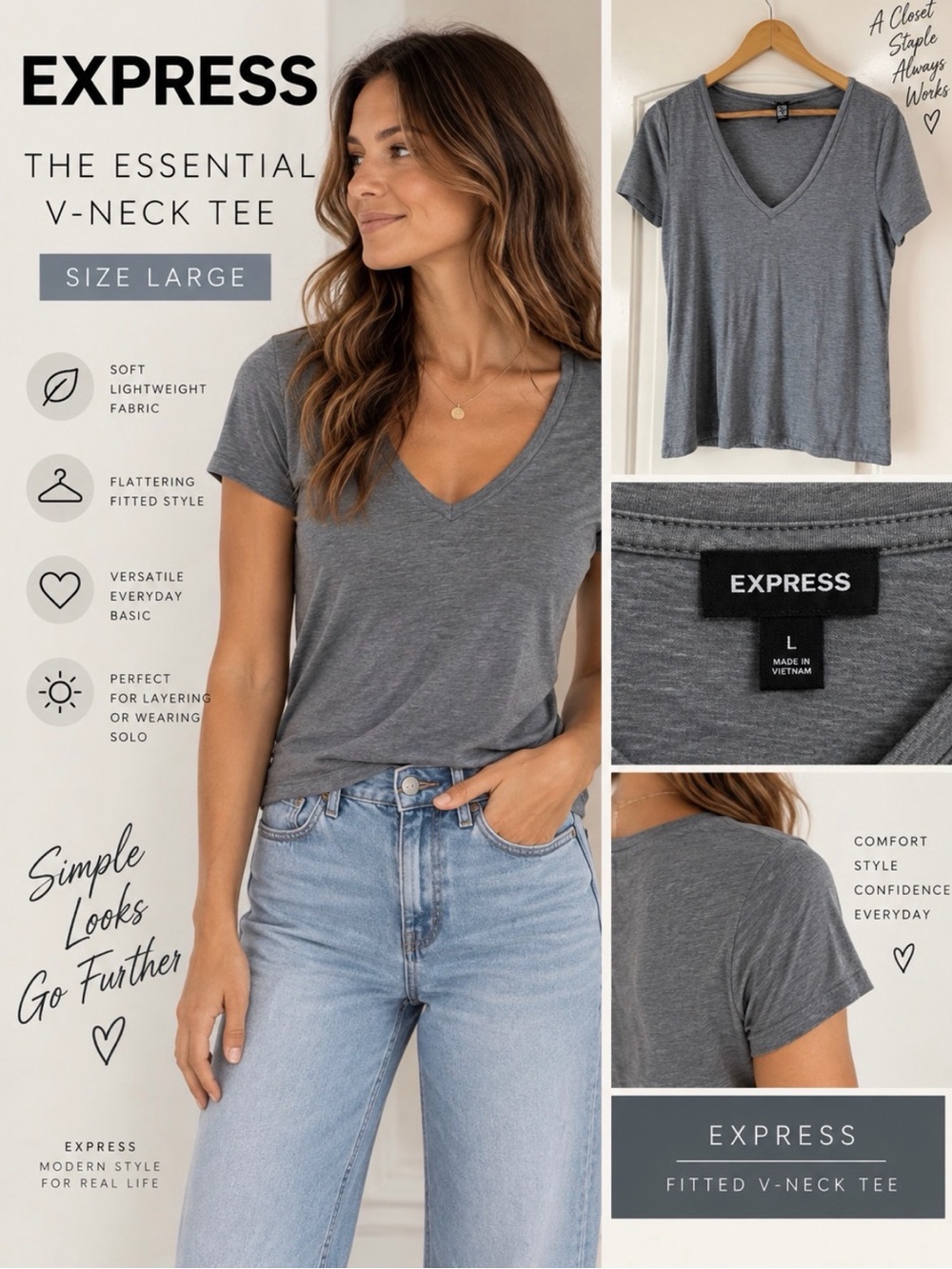 Express Gray V-Neck Short Sleeve Tee